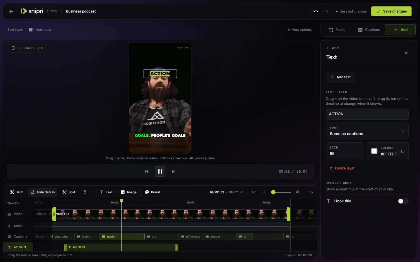 Snipri's clip editor with the preview, caption styles and timeline